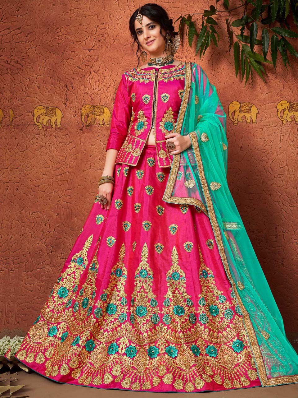 Enchanting Pink Embroidered Net Wedding Ghagra Choli With Du