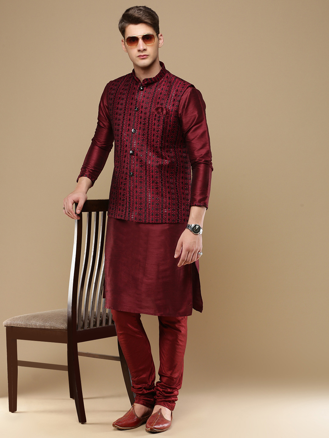 Men’s Black Floral Kurta Pajama with Jacket  Set, Indian festive and Wedding Outfit, Designer Ethnic Wear, KPJ-2052 main image 0