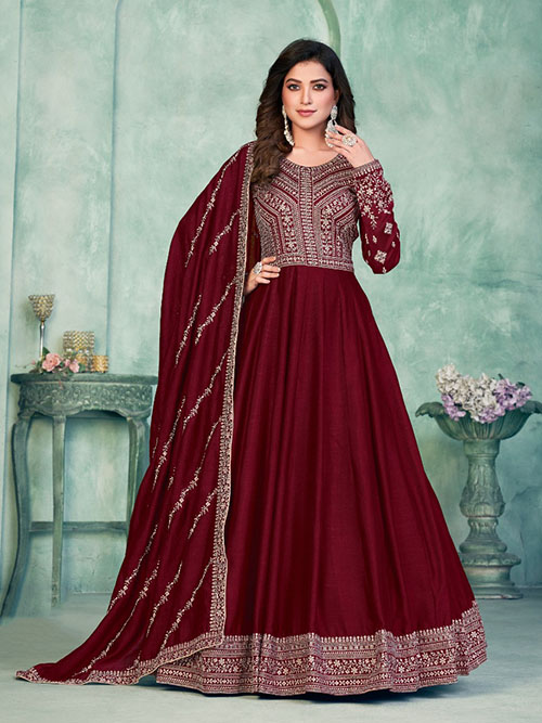 Very Pretty Embroidered Fawn Silk Indo-Western Gown ( L-40'' ) #39766 | Buy Indo  Western Gown Online