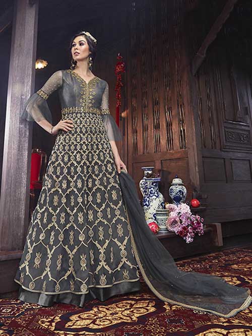 BLUE INDO -WESTERN GOWN WITH RED GOLDEN EMBROIDERY